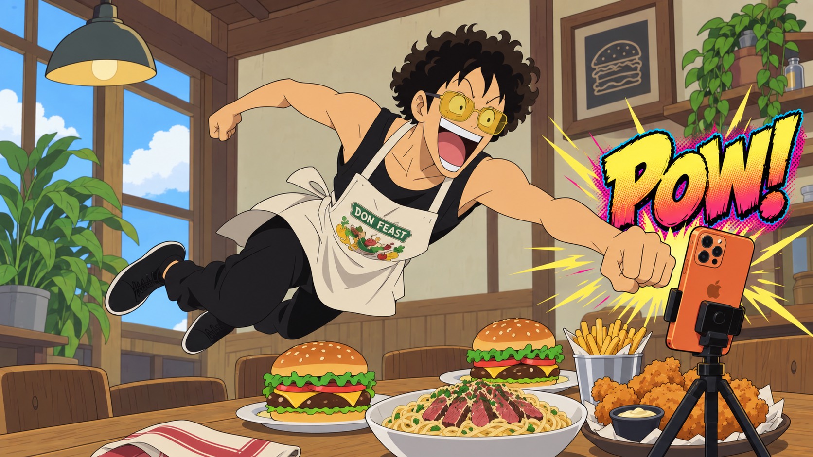 Anime Don Feast leaping across a feast to punch his orange phone. POW!